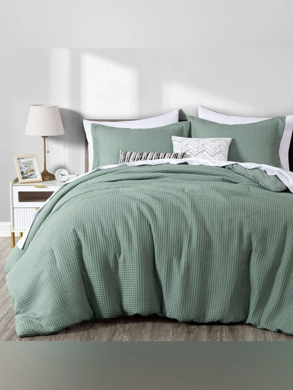 Waffle 3 piece oversized queen comforter set sage green
